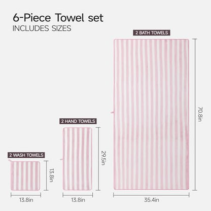 REDKISS Ultra Soft Bath Towel Set 6-Piece 35"x70" | 100% Microfiber, Highly Absorbent | Quick Dry Towels for Bathroom, Spa, Gym | 2 Bath, 2 Hand, 2 Washcloths | Pink - color: Light Pink