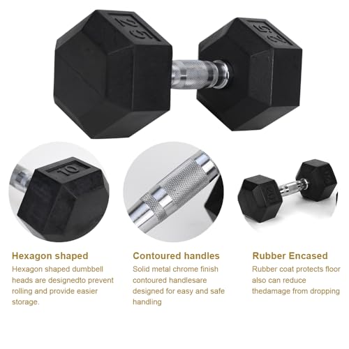 12LB Dumbbell Set (Pair), Rubber Coated Hex Dumbbells with Contoured Chrome Handle, Anti-Roll Free Weights for Home Gym Strength Training
