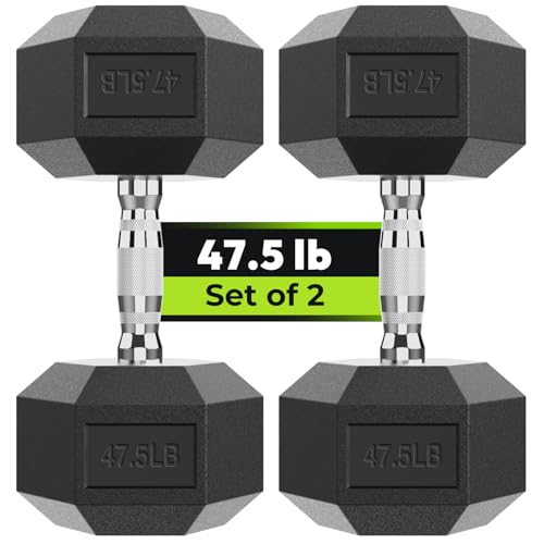 HANDBODE Hex Dumbbell Set, 2.5-65 lb Rubber Encased Exercise & Fitness Dumbbells, Weights Dumbbells Set of 2, Hand Weight for Strength Training - size: 47.5 lb, Pair, style: Chrome Handle