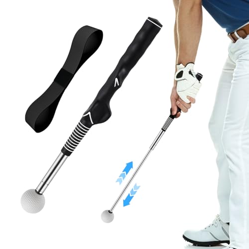Retractable Golf Swing Training Aid, Golf Grip Trainer for Warm Up, Click Feedback Golf Swing Trainer for Improving Hitting Strength & Tempo, Ideal for Beginners, Indoor & Outdoor Practice