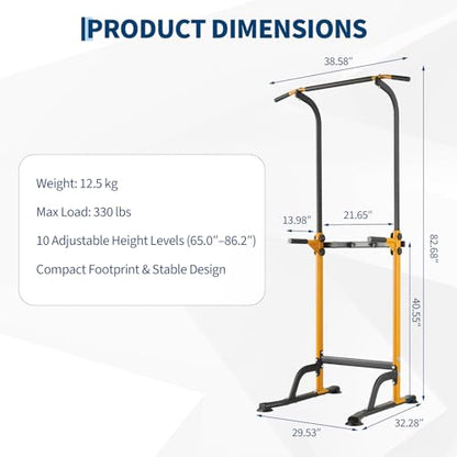 Pull Up Dip Station – Adjustable Power Tower with 10 Levels, 330LBS Capacity, Heavy Duty Steel Frame, Home Gym Strength Training