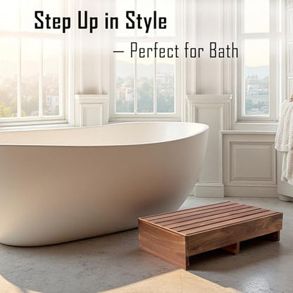 Acacia Wood Step Platform (25'' L x 16'' W x 6.5'' H, No Assembly Required), Outdoor Steps with Non-Skip Pads for Seniors, Wooden One Step Stool for Bed, Stair, Bathroom, Kitchen, Garden