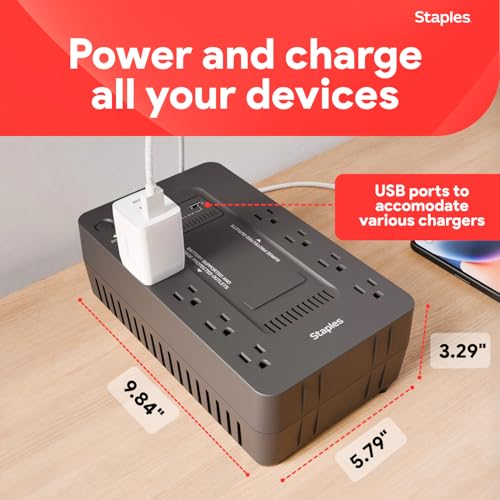Staples TECH 650VA UPS Battery Backup, 8 Outlets, Surge Protection, Black