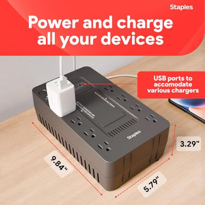 Staples TECH 650VA UPS Battery Backup, 8 Outlets, Surge Protection, Black