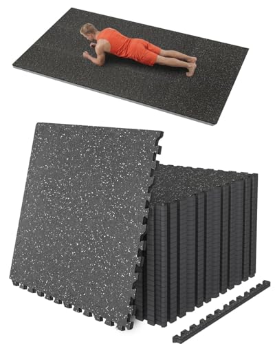 0.56 Inch Thick 96 Sq Ft Gym Flooring for Home Gym, 24 Tiles Robust Rubber Top with Eva Foam Exercise Equipment Mats, Protective Flooring Puzzle Mat for Fitness Room - color: Black & White, size: 96 Sq Ft (24 Tiles)
