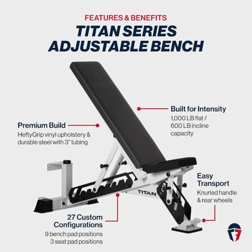 Titan Fitness TITAN Series Adjustable Bench, Supports 600 LB Incline, 1,000 LB Flat, Versatile Single Post Utility Workout Bench for Home Gym, Weightlifting, Strength Training - color: White