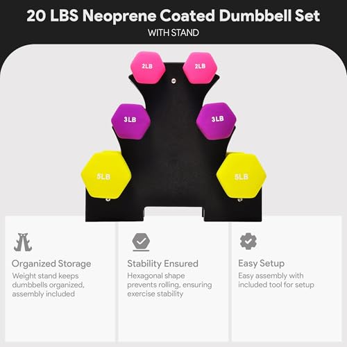 BalanceFrom Neoprene Coated Iron Dumbbell Hex Weights Set with Stand – Color-Coded or Black Options with Non-Slip Grip for Strength Training, Resistance Workouts, and Home Gym Fitness - style: 2/3/5lb Set