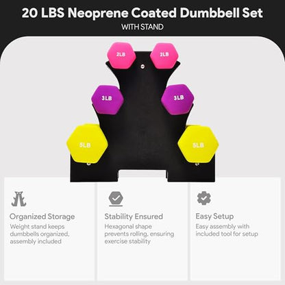 BalanceFrom Neoprene Coated Iron Dumbbell Hex Weights Set with Stand – Color-Coded or Black Options with Non-Slip Grip for Strength Training, Resistance Workouts, and Home Gym Fitness - style: 2/3/5lb Set