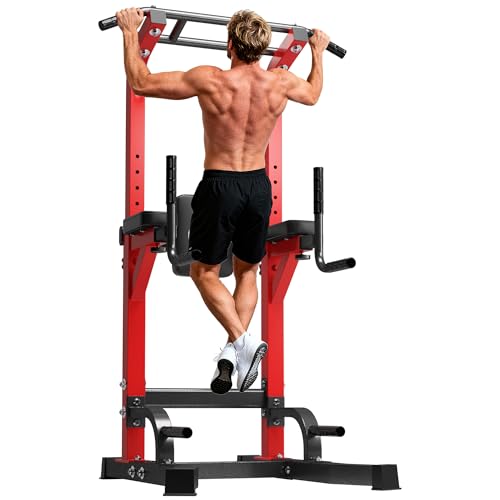 DlandHome Power Tower Pull Up Bar Station, Heavy Duty Adjustable Height for Home Gym Strength Training Equipment 330LBS Weight Capacity, Pull Up Dip Station - color: Red