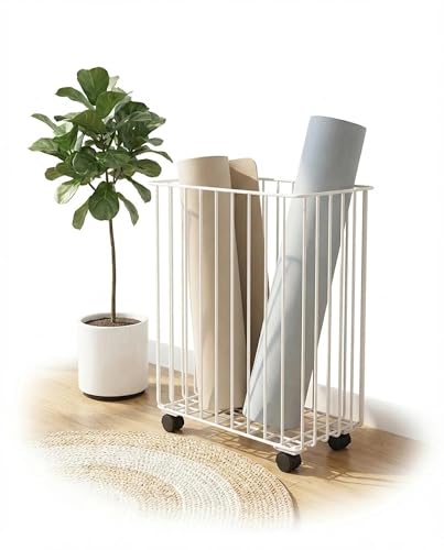 Yoga Mat Storage Rack Basket with Wheels – Home Gym Organizer for Small Apartment & Workout Corner – Slim Metal Rolling Cart Holder for Foam Rollers, Resistance Bands & Exercise(White)