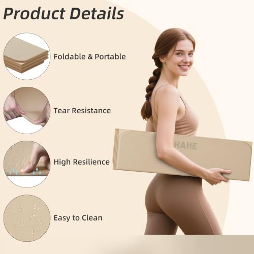 HAHE Foldable Yoga Mat 74"Lx32"Wx1/3"Thick, Folding Exercise Mats - color: Cream