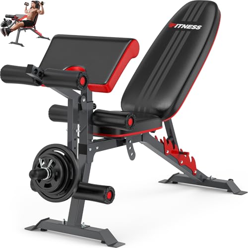 Adjustable Weight Bench with Leg Extension and Preacher Curl Pad, 800lbs Workout Bench for Home Gym, Flat Incline Decline Bench Press for Home Workout Weight Training - color: Black-Red