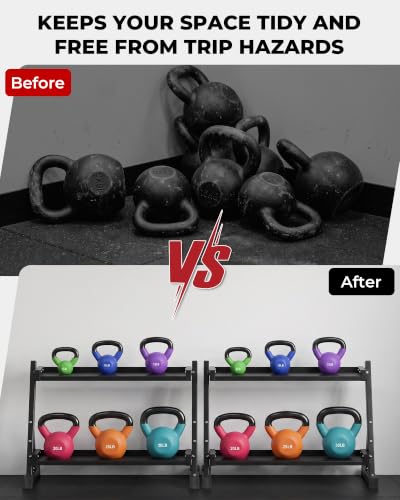 Mikolo Neoprene Coated Cast Iron Kettlebells 5-30LB Set, Solid Weight Set with Wide Grip Handle and Flat Bottom, Ideal for Full Body Strength Training at Home Gym - size: Rack Only