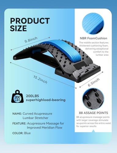 lumbar support board & Back Stretcher for Lower Back Pain Relief, 4-Level Adjustable Spine Decompression Device for Posture Correction, Portablearched orthopedic back stretcher with acupressure (Blue)