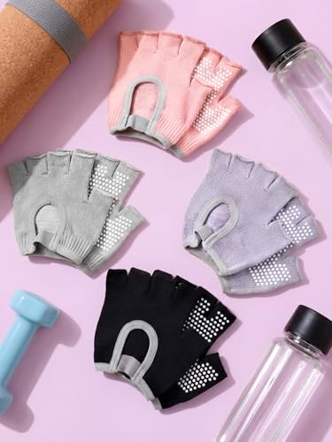 4 Pairs Pilates Gloves with Grips for Women Non Slip Cotton Fingerless Silicone Yoga Gloves for Gym Exercise Workout Weight Training Mitten Fits Women Men - color: Black, Pink, Gray, Purple