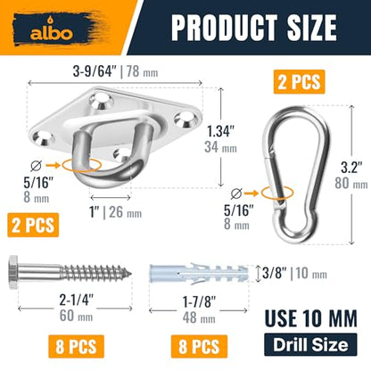 Albo Diamond Plate 2650lbs Swing Hangers 2 PCS - Heavy Duty Ceiling Mount Hooks with Snap Carabiners, 304 Stainless Steel for Wood & Concrete & Metal, Indoor Outdoor Anchor for Hammock, Yoga, TRX - size: Diamond 2pcs Silver