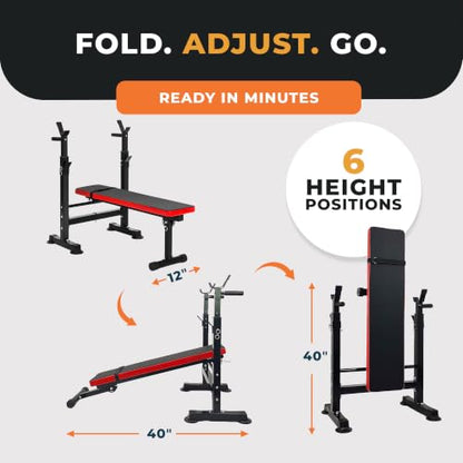 BalanceFrom Adjustable Folding Multifunctional Workout Station Adjustable Olympic Workout Bench with Squat Rack - color: Black/Red
