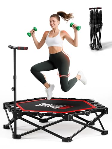 42" Foldable Mini Trampoline- 450lb Capacity Fitness Rebounder w/3-Level Adjustable T-Bar, Adults Workout Trampoline, Non-Slip Pad | Foldable Design for Home/Gym