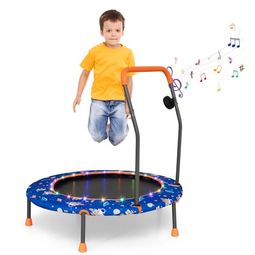 Giantex 36" Trampoline for Kids, Mini Toddler Trampoline w/Colorful LED Lights & Bluetooth Speaker, Small Rebounder Exercise Trampoline Indoor w/Foam Handle & Padded Cover for Kid Aged 3+ - color: Blue