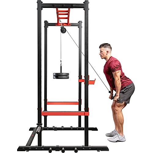 Sunny Health & Fitness Power Cage Squat Rack Upgrade Attachments, Dip Bar, Plate Bar Holder, Belt Squat, J Hook, Lat, Adapter, U Ring, Pull Up Bar, Landmine, Captain's Chair, Tricep Rope For Home Gym - style: LAT Pull Down