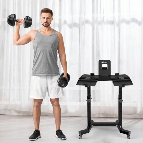 Uboway Adjustable Dumbbell Stand- Dumbbell Rack with 4 Level Height Adjustment, Weight Stand for Dumbbells with Tablet Holder and Wheels, Hand Weight Rack for Adjustable Dumbbell Set, Home Gym Fitness