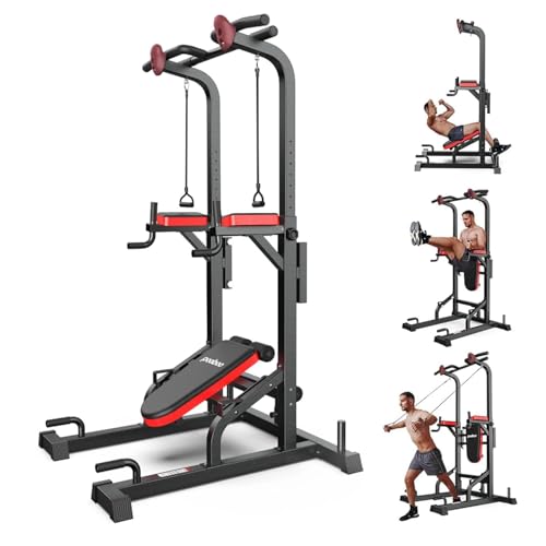 Pull Up Bar Power Tower Dip Station, 450LB Adjustable Home Gym Equipment - color: Black-05
