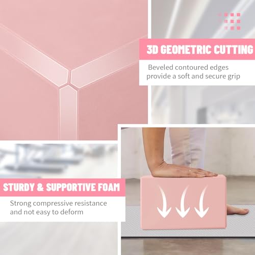 Yoga Blocks 2 Pack 3x6x9IN Foam Block Supportive Latex-Free with Stretch Band, Non-Slip Exercise Blocks for Pilates, Meditation, Balance, Stretching and Deep Poses - color: 2PACK-Pink