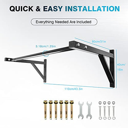 Pull Up Bar Wall Mounted Home Gym, 500lbs Capacity Heavy Duty Iron Chin Up Bar Upper Body Workout Bar for Strength Training Equipment, Fitness Exercise Frame for Indoor Outdoor Use