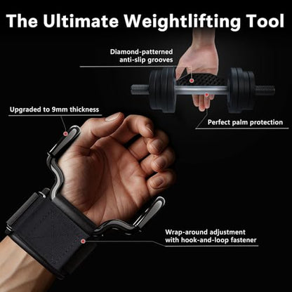 Weight Lifting Hooks with Gym Grip, 330 LB Adjustable Strap Hand Grips with Thick Wrist Padding for Weightlifting, Deadlifts, Pull-Ups, Strength Training, Wrist Wraps Hooks for Seniors (2 Pair)