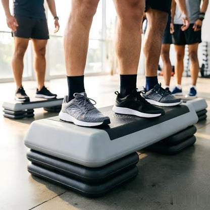 Adjustable Aerobic Stepper Platform – 2 Heights (4"/6") with 2 Risers, Non-Slip Exercise Step for Home Gym, Cardio & HIIT Workouts - color: Black+ Gray