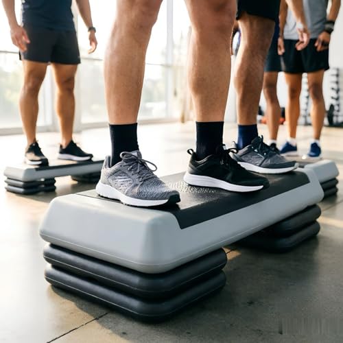 Adjustable Aerobic Stepper Platform – 3 Heights (4"/6"/8") with 4 Risers, Non-Slip Exercise Step for Home Gym, Cardio & HIIT Workouts - color: Black+ Gray