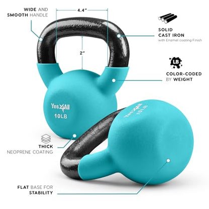 Yes4All Kettlebell, 5-65 LB Neoprene Coated Cast Iron Kettlebells, Wide Grip Handle & Flat Bottom for Swings, Squats, Deadlifts, Push Ups & Full Body Training at Home Gym - Single & Set - color: B. 10LB - Peacock Blue, style: A. Single