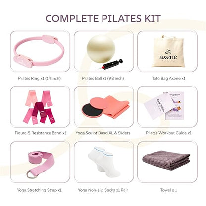 Axene Pilates Ring Kit for Home Workouts – 14" Magic Circle, Pilates Equipment Set for Women | Resistance Bands, Core Sliders, Non-Slip Socks, Bilingual Guide & Carry Bag