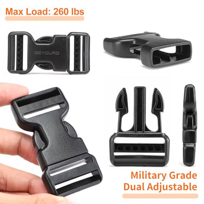 BEYOURD Heavy-Duty Buckles and Strap Set 1-1/4": 6 Yards of Thick Nylon Webbing, 6-Pack Adjustable Quick Side Release Plastic Buckles, 12 Tri-Glide Slide Clips, Black (1 1/4 Inch Combo Set) - style: 1-1/4" Combo Set