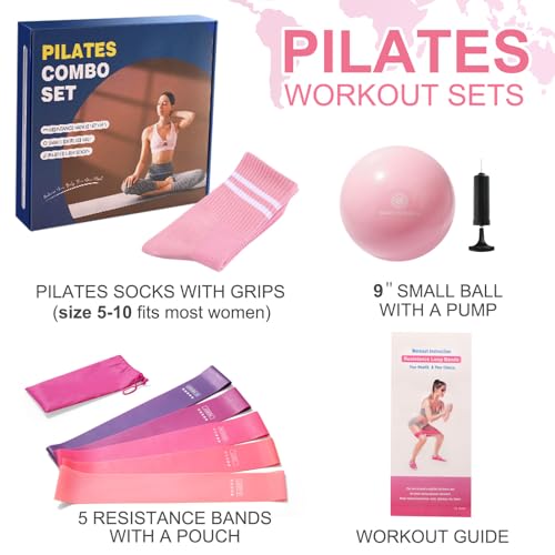Pilates Ball Resistance Bands Grip Socks Barre Sets, Loop Exercise Bands 5 Levels, Small Yoga Ball 9 Inch, Non Slip Socks Workout Kit at Home - color: Pink