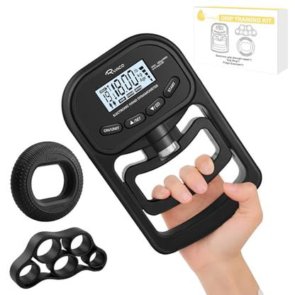 Ryaco Grip Strength Tester With Grip rings, finger exercisers, 396lbs/180kg Digital Hand Dynamometer Grip Strength Trainer Set Electronic Hand Grip Strengthener with LCD Display for Rehab