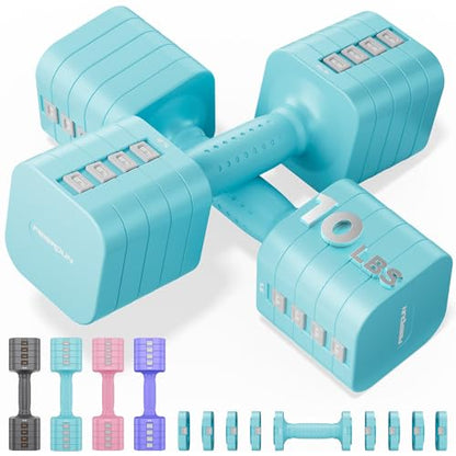 FEIERDUN DB3 5-in-1 Adjustable Dumbbell Set, 6LB/10LB Pair Adjustable Weights for Women at Home, Dual Locking Stable Hand Weights with TPU Soft Handle, Home Gym, Rehab, Pilates, Yoga, Strength Training - color: C-Mint Blue, style: 10LBS Pair (20LBS Total)