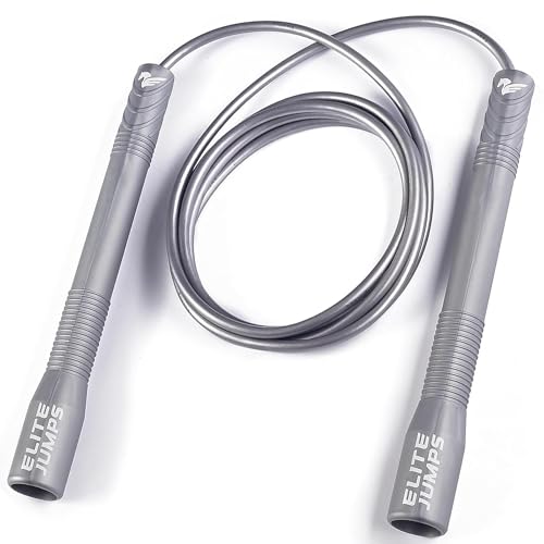 Elite Jumps Fit Plus Pro Freestyle PVC, 4mm Cord Skipping Rope, Cardio, Adjustable 10ft Length with 8" Reinforced Handles, Non-Slip Grip for Gym Workout, School Sport, Beginner Use - color: Silver - no grip tape