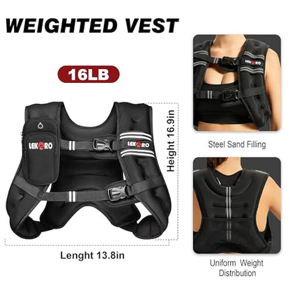 Weighted Vest for Men Women, No-Bounce 6LB 8LB 12LB 16LB 20LB 25LB 30LB Weights Vest with Adjustable Buckles & Reflective Stripes | Weight Vest for Walking Running Hiking Workout - color: 16lbs