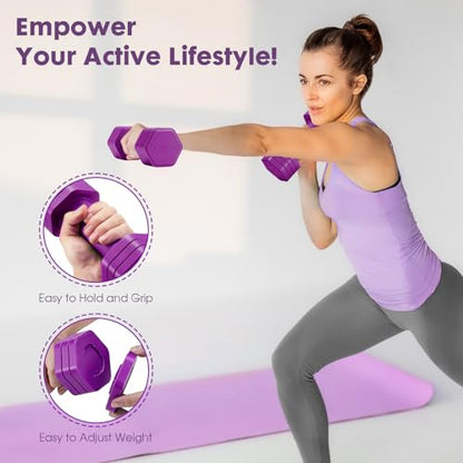 EQUIPRO Adjustable Dumbbell Set, 4 in 1 Free Weights Dumbbells Set for Women, Weights for Women at Home, 2lb 3lb 4lb 5lb with TPU Soft Rubber Handle for Home Gym Exercise Training - color: Purple