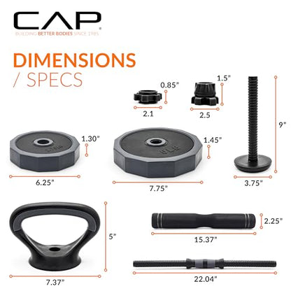 CAP Barbell Multi-Use Adjustable Weight Set - Versatile Dumbbell, Barbell & Kettlebell for Full-Body Workouts | 45lb and 66lb options - size: 45 lb Set