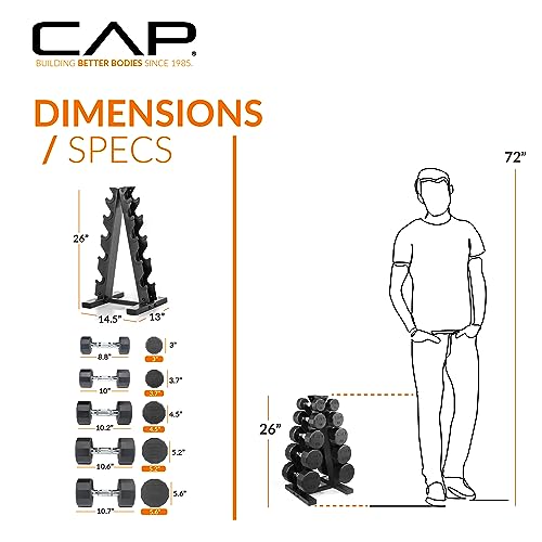 CAP Rubber Coated Dumbbell Weight Set with Vertical Rack | 100 lb, 150 lb, and 210 lb Options - size: 150 lb - Set, style: 12-Sided Chrome Handle