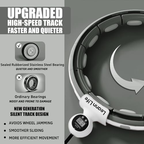 U5 Smart Weighted Hula Hoop with Counter, Waist Trimmer & Wash Bag –16 Knots, 28"–46" Adjustable Infinity Hoop Plus Size, Quiet Rubberized Wheels, Abdominal Toner - color: Gray + Waist Trimmer