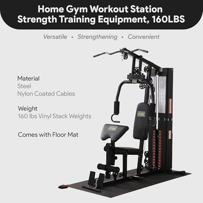 BalanceFrom Multifunctional Steel Frame Home Gym Machine with Floor Mat – Strength Training Workout Station with 160-Pound Weight Stack, LAT Pull & Low Row Bars, 4-Roll Leg Developer & Press
