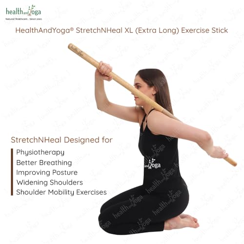 HealthAndYoga™ StretchNHeal Collapsible Multi-Use Wooden Yoga Stick - Regular and XL - Portable Posture Corrector Pole, Stretch Mobility Stick, Physical Workout Exercise Dowel - size: XL - 48" without Sleeve