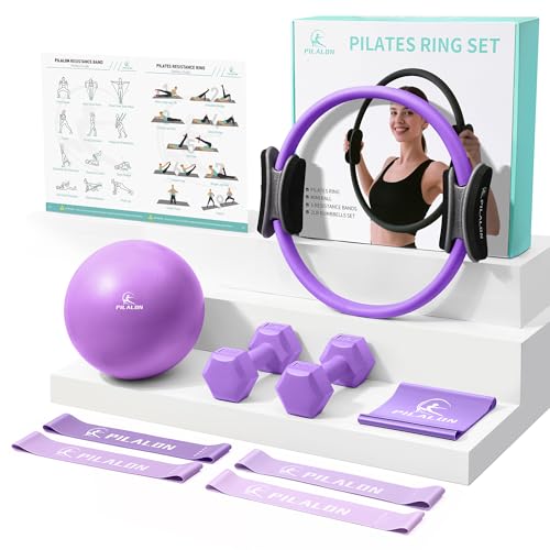 Pilates Ring Set - Studio-Grade Anti-Deformation Pilates Kit - Pilates Equipment for Home Workout - 14'' Pilates Ring, Pilates Ball, 2 Dumbbells, 5 Resistance Bands for Toning Arms, Thighs