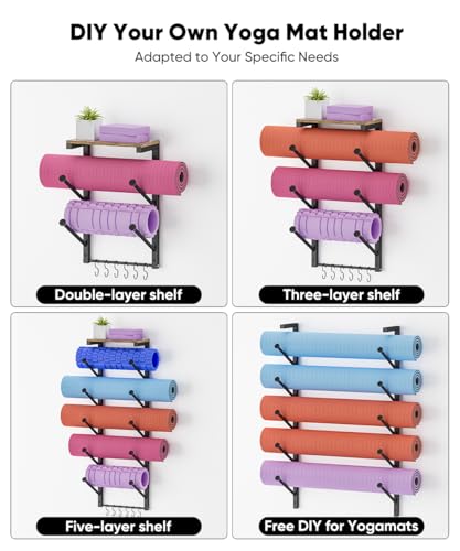 5 Tiers Yoga Mat Holder Rack Wall Mount with 6 Hooks for Hanging Accessory Yoga Strap Foam Rollers Resistance Bands, Yoga Mats Organizer with Floating Shelf for Home Gym Storage Fitness
