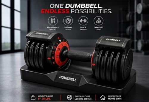 Single Adjustable Dumbbell – Premium Quick-Change Weight Set with Base, Space-Saving Smart Dial System for Home Gym, Full Body Strength Training for Men & Women