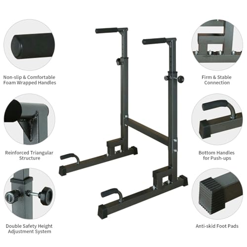 Adjustable Dip Bar Station with Detachable Bench, Heavy Duty Steel Dip Stands for Home Gym, Height Adjustable Parallel Bars for Dips, Push Ups, L-Sits, Strength Training, Black