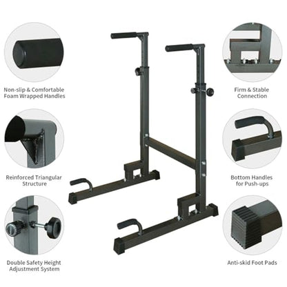 Adjustable Dip Bar Station with Detachable Bench, Heavy Duty Steel Dip Stands for Home Gym, Height Adjustable Parallel Bars for Dips, Push Ups, L-Sits, Strength Training, Black